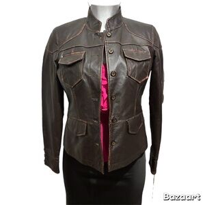 Stamp 10 Brown Leather Jacket Distressed Military Utility Moto Biker Size Small